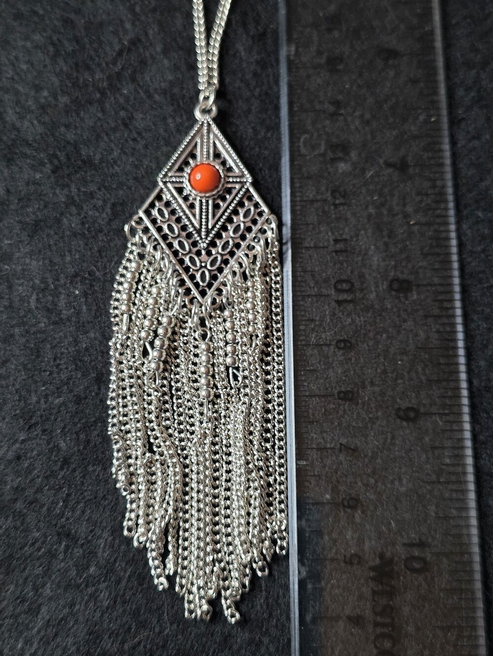Silver Tassel Pendant Necklace with Orange Accent B34